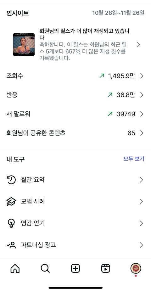 30일 조회수 1,495.9만 · 새 팔로워 39,749 프로페셔널 대시보드